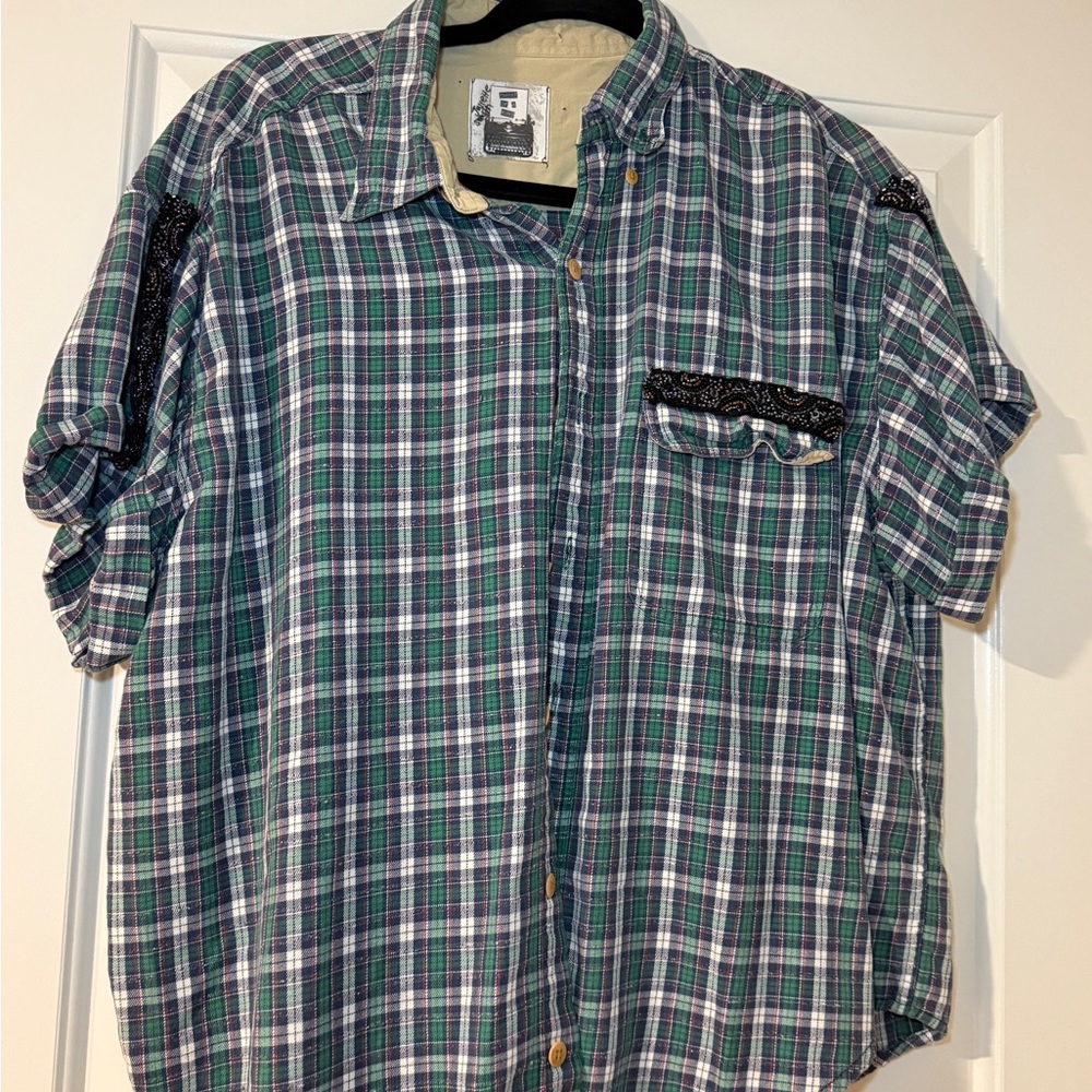LF Green and Blue Plaid Women's Button Down Shirt